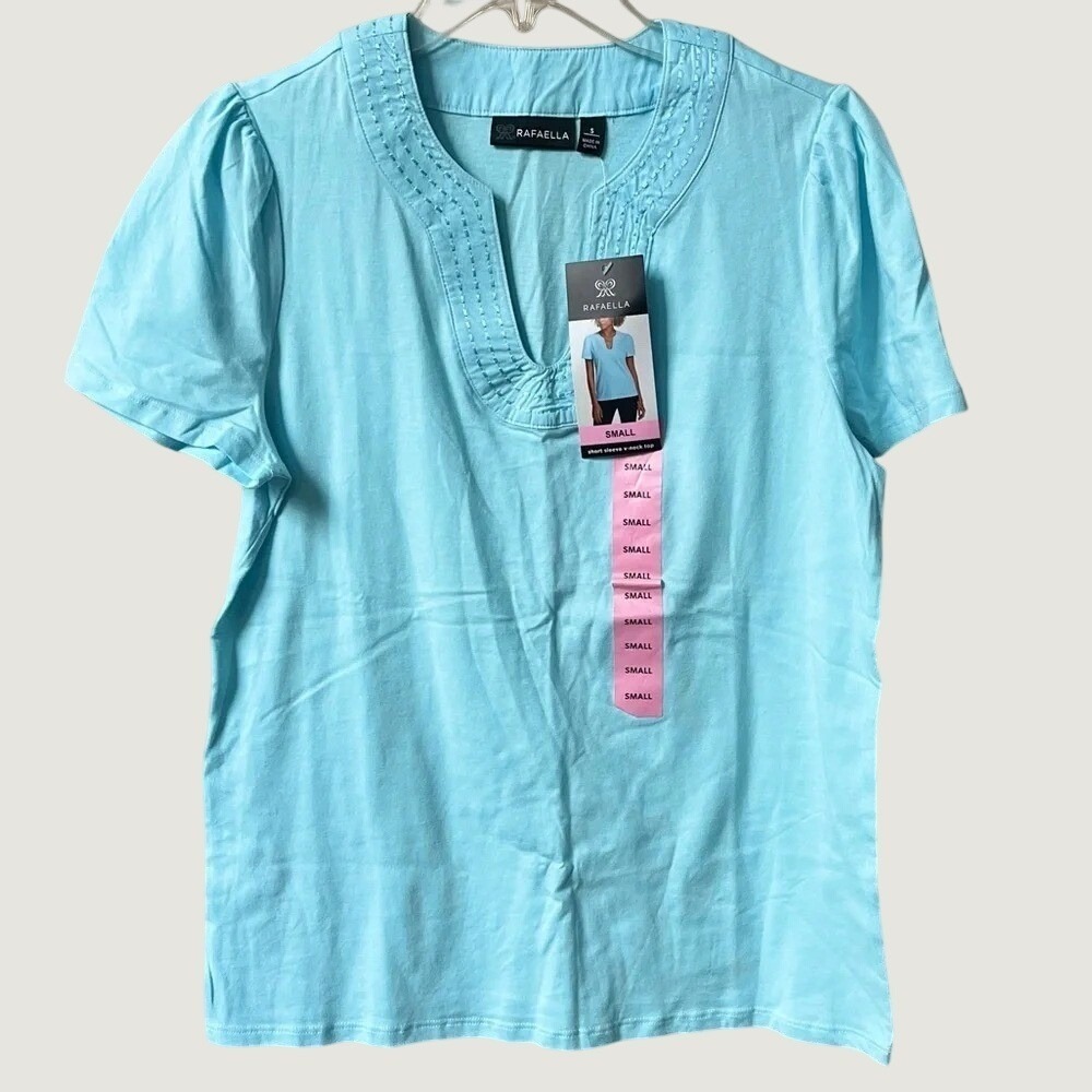 Rafaella Womens Atomizer Blue V Neck Short Sleeve Cotton Top NWT Small